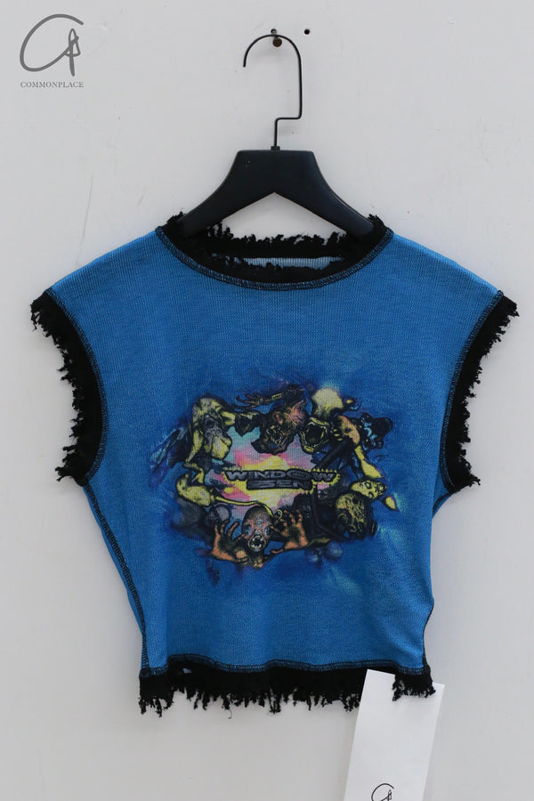 windowsen destroyed pattern collar top WDS-24T016-LAN blue